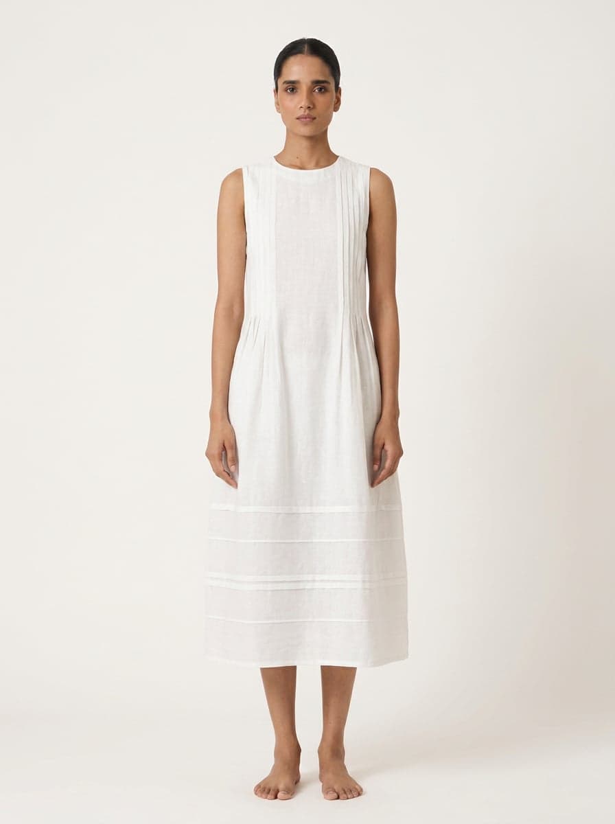 Pleated Bodice Midi Dress With Tucks