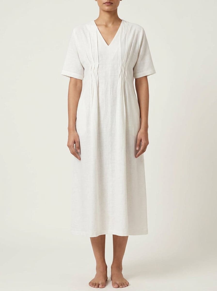 V-Neck Pintuck Midi Dress With Center Seam