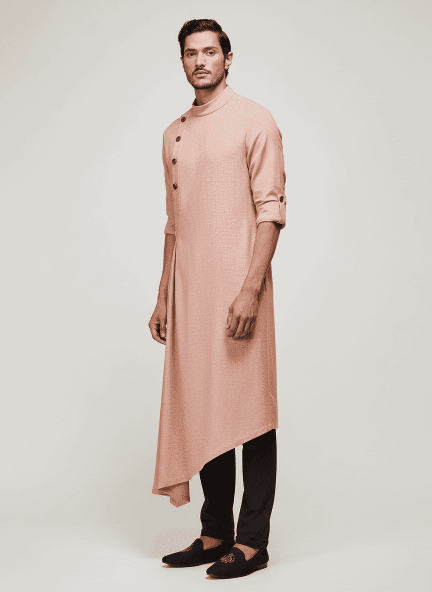 Pleated Asymmetric Men's Kurta With Buttons
