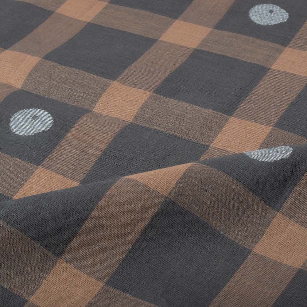 Grey & Brown Check Circle Motif Pure Cotton 54 GSM Handwoven Jamdani Fabric