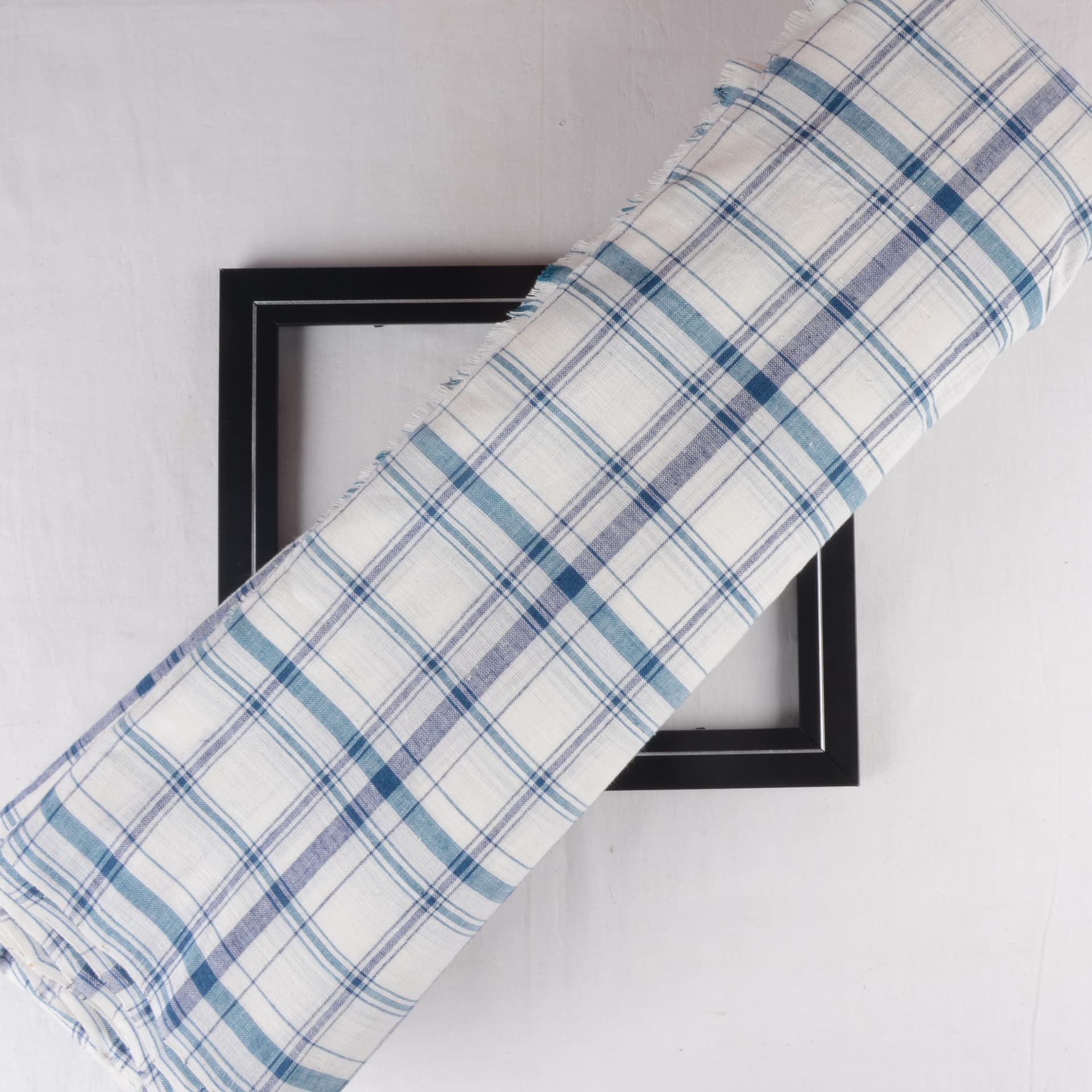 Check Blue Teal & White Khadi Fabric - 112 GSM Handspun & Handwoven