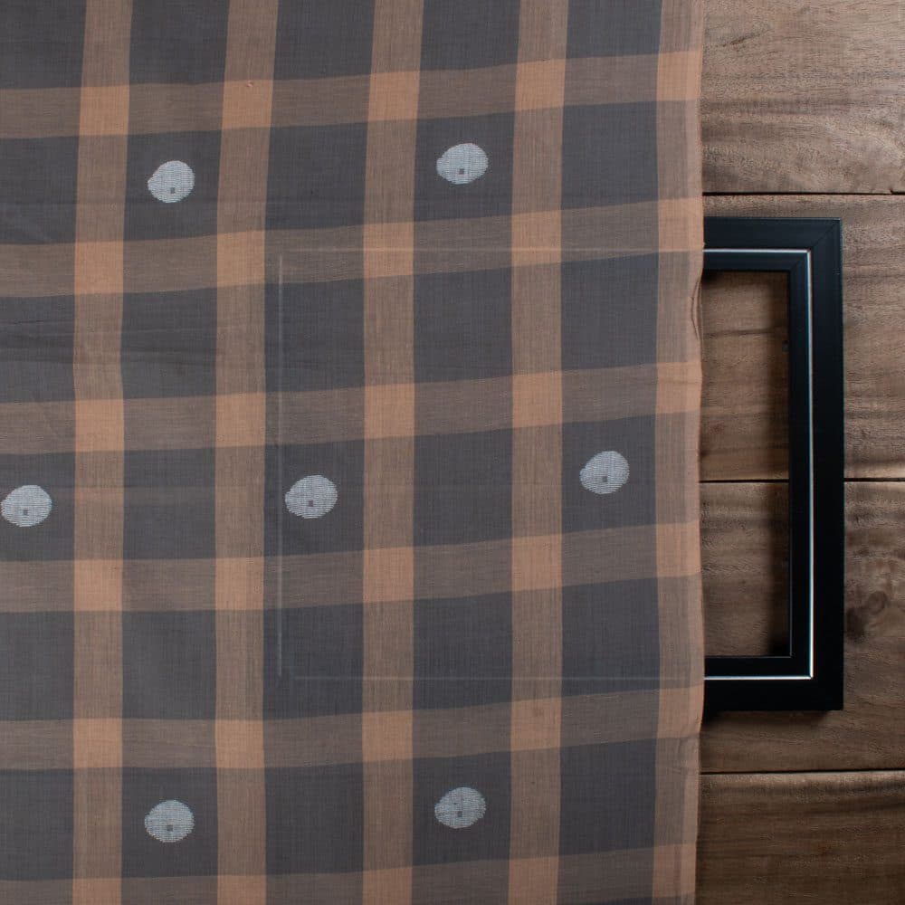 Grey & Brown Check Circle Motif Pure Cotton 54 GSM Handwoven Jamdani Fabric
