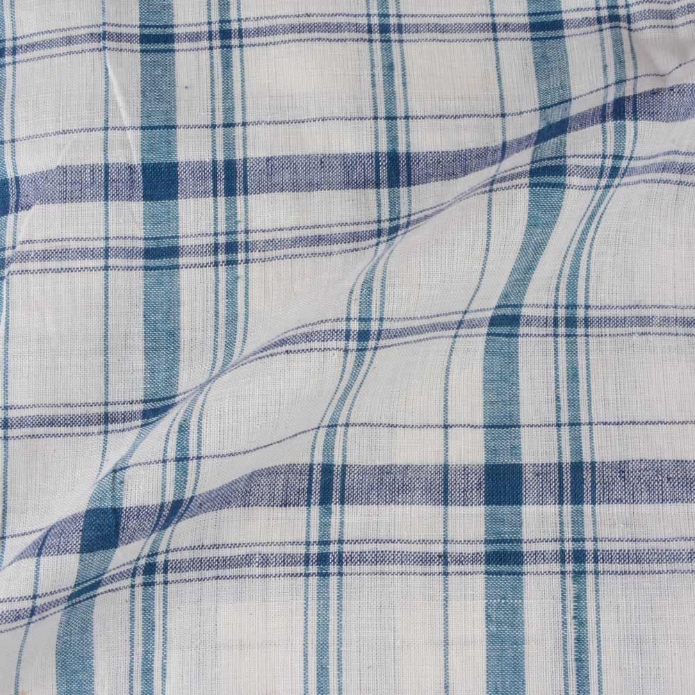 CHECK BLUE TEAL & WHITE KHADI FABRIC - 112 GSM HANDSPUN & HANDWOVEN