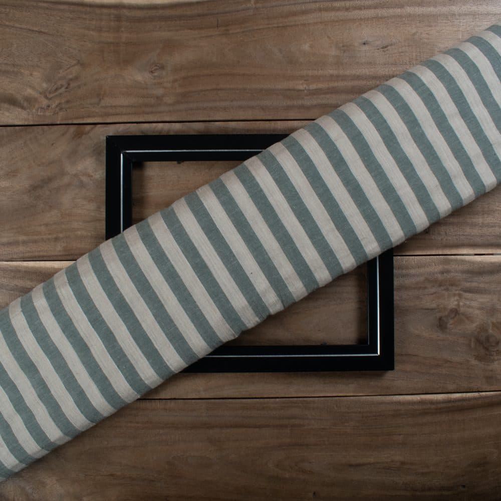 Stripe Green & White Linen Cotton 96 GSM Handwoven Fabric
