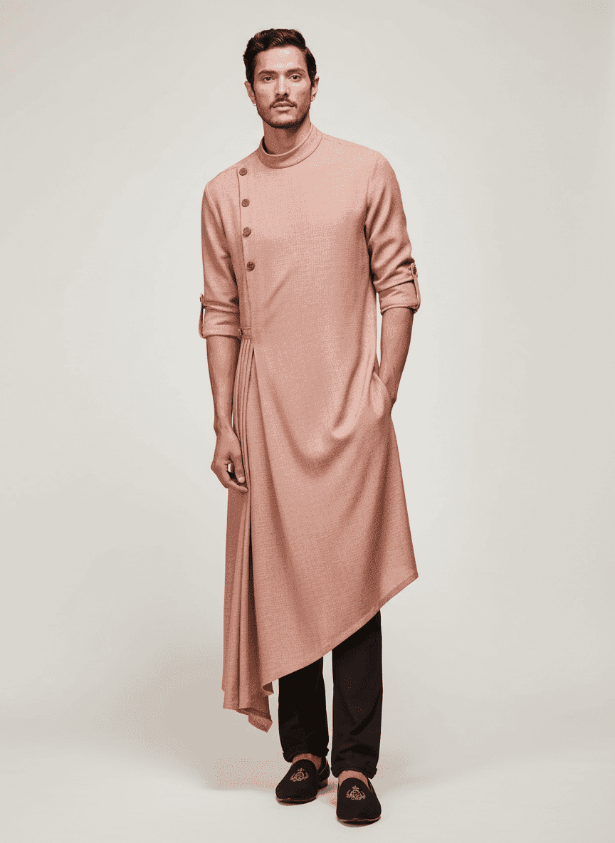 Pleated Asymmetric Men's Kurta With Buttons