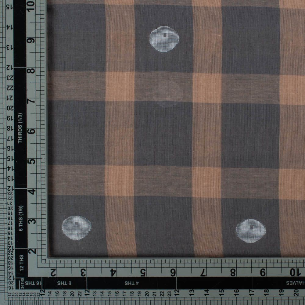 Grey & Brown Check Circle Motif Pure Cotton 54 GSM Handwoven Jamdani Fabric
