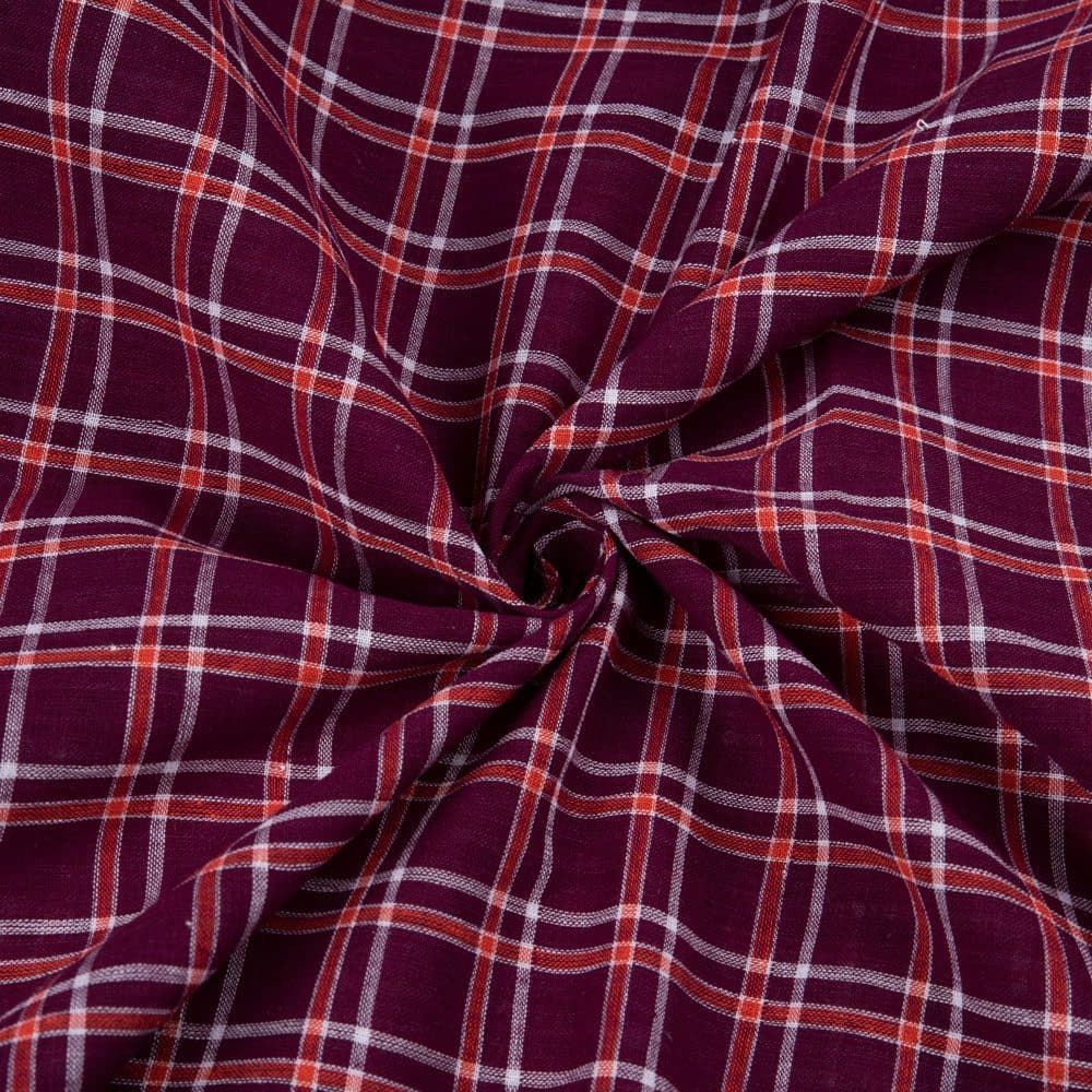 Check Maroon Pure Cotton 89 GSM Handwoven Fabric