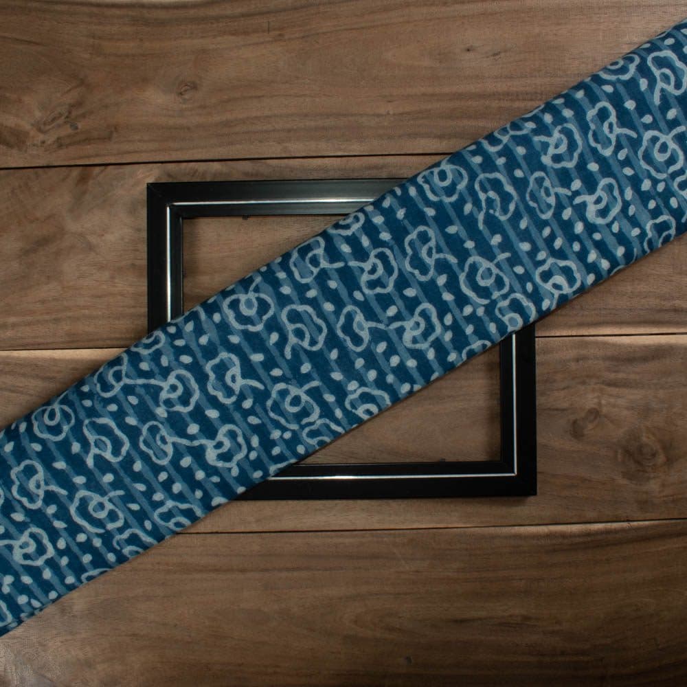 Natural Indigo Dyed With White Block Print 103 GSM Pure Organic Khadi Handwoven fabric 77
