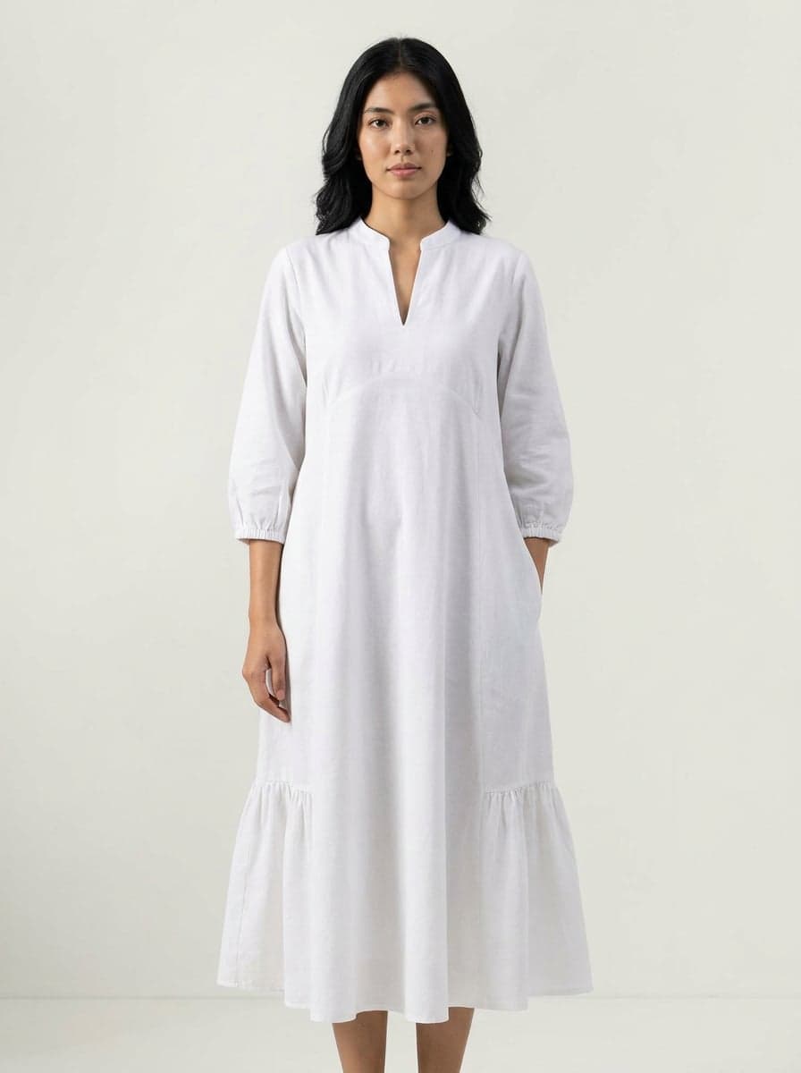 Flared Split Neck Midi Dress With Ruffled Hem
