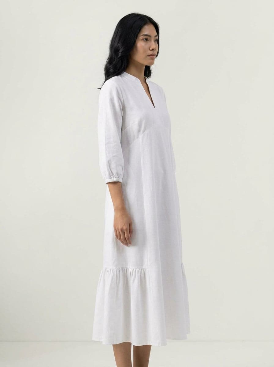Flared Split Neck Midi Dress With Ruffled Hem