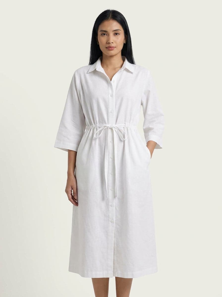 A-Line Shirt Midi Dress With Drawstring Waist